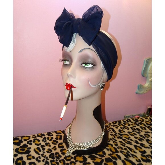 Vintage Dark Navy Blue Sheer Nylon Neck Scarf pinup retro rockabilly head wrap - Picture 6 of 15